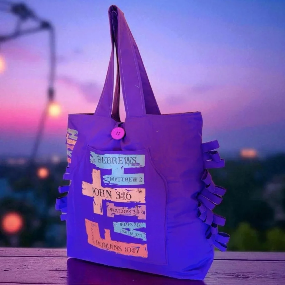 Vibrant Purple Ruffled Tote Bag with Playful Design